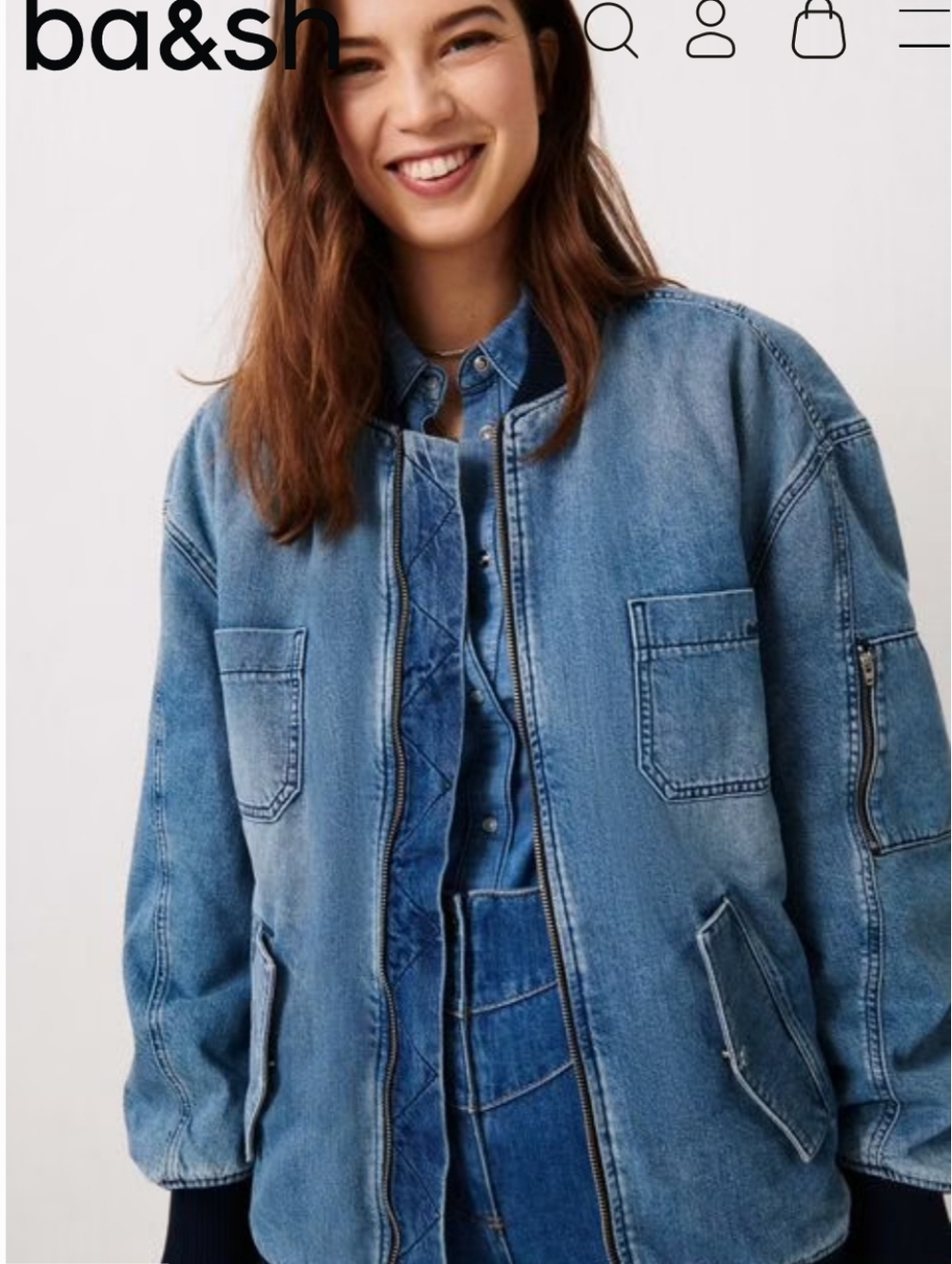 Ba&sh Denim Bomber Jacket and Button-Front Top - Blue